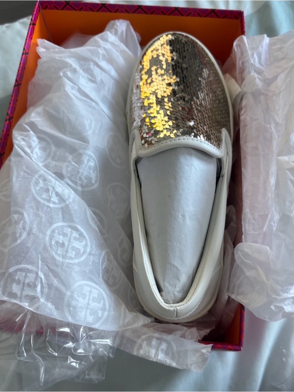 Tory Burch Gold Sequin Slip-On Mule with White Leather